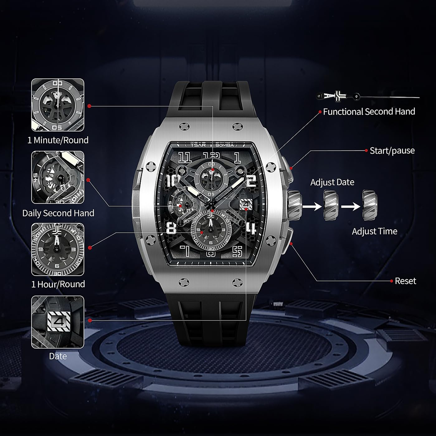 TSAR BOMBA Mens Watches Luxury Tonneau Watches for Men Waterproof 50M Analog Watch Chronograph Calendar Date Men’s Dress Business Work Watch Diver Large Square Face Wristwatch