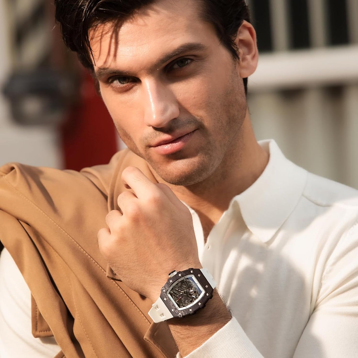 TSAR BOMBA Men's Automatic Watch Tonneau Luxury Skeleton Watches for Men Mechanical 50M Waterproof Analogue Watches Mens Unique Cool Silver Square Big Face Dial Wristwatch with Silicone Strap Band