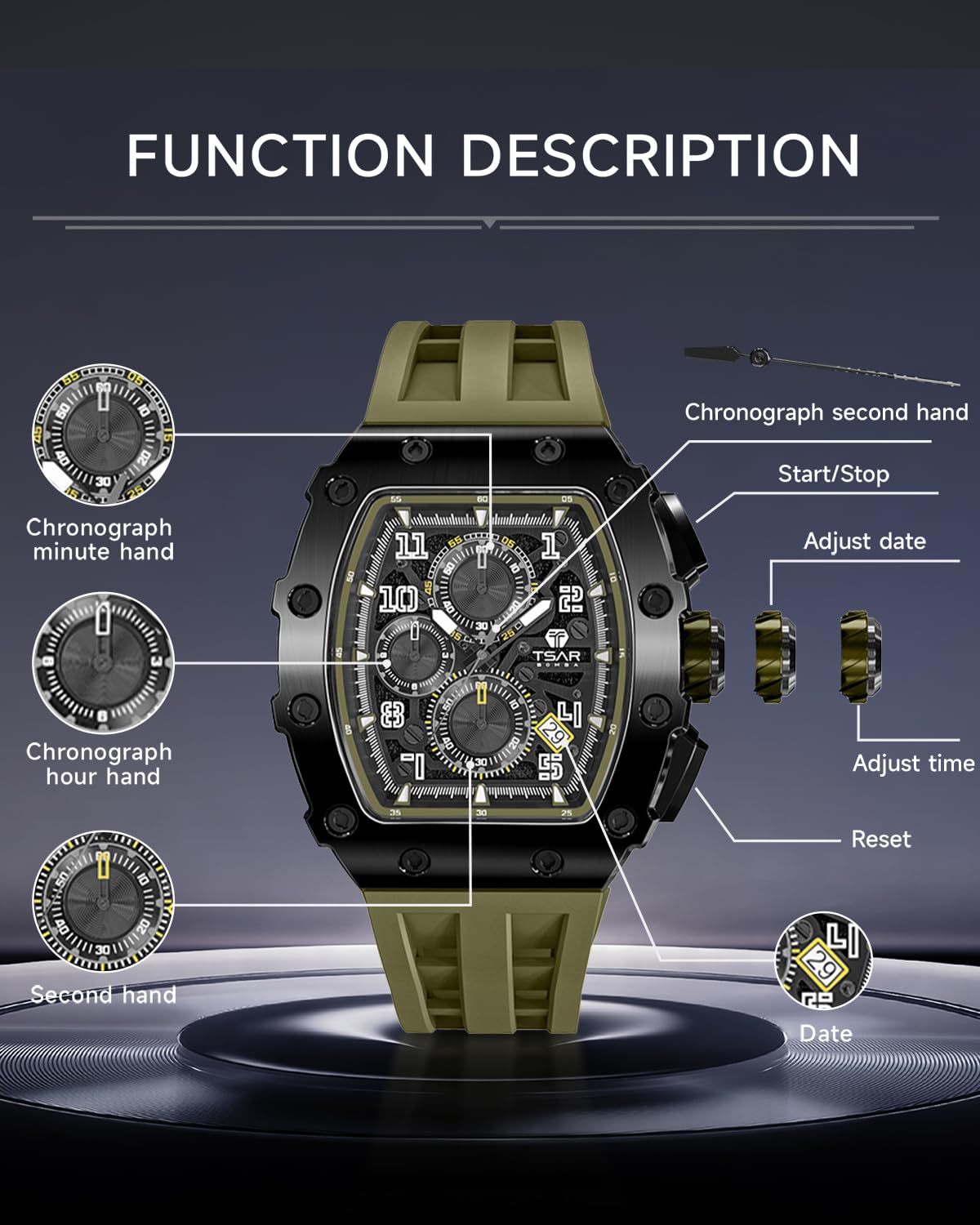 TSAR BOMBA Mens Watches Luxury Tonneau Watches for Men Waterproof 50M Analog Watch Chronograph Calendar Date Men’s Dress Business Work Watch Diver Large Square Face Wristwatch