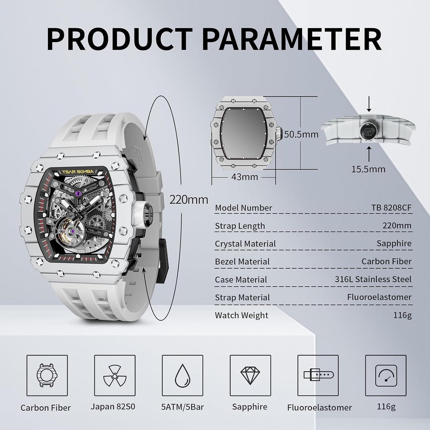 TSAR BOMBA Men's Automatic Watch Tonneau Luxury Skeleton Watches for Men Mechanical 50M Waterproof Analogue Watches Mens Unique Cool Silver Square Big Face Dial Wristwatch with Silicone Strap Band