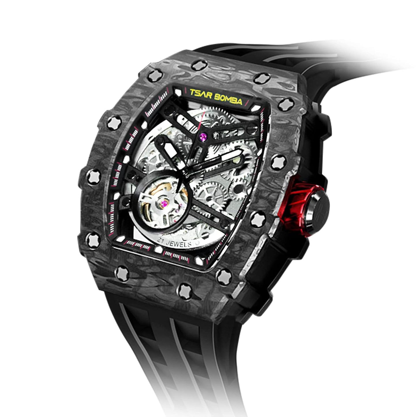 TSAR BOMBA Men's Automatic Watch Tonneau Luxury Skeleton Watches for Men Mechanical 50M Waterproof Analogue Watches Mens Unique Cool Silver Square Big Face Dial Wristwatch with Silicone Strap Band