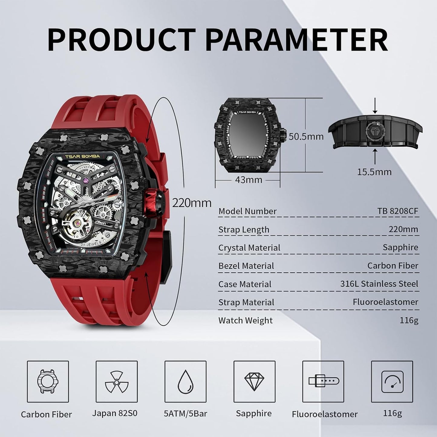 TSAR BOMBA Men's Automatic Watch Tonneau Luxury Skeleton Watches for Men Mechanical 50M Waterproof Analogue Watches Mens Unique Cool Silver Square Big Face Dial Wristwatch with Silicone Strap Band