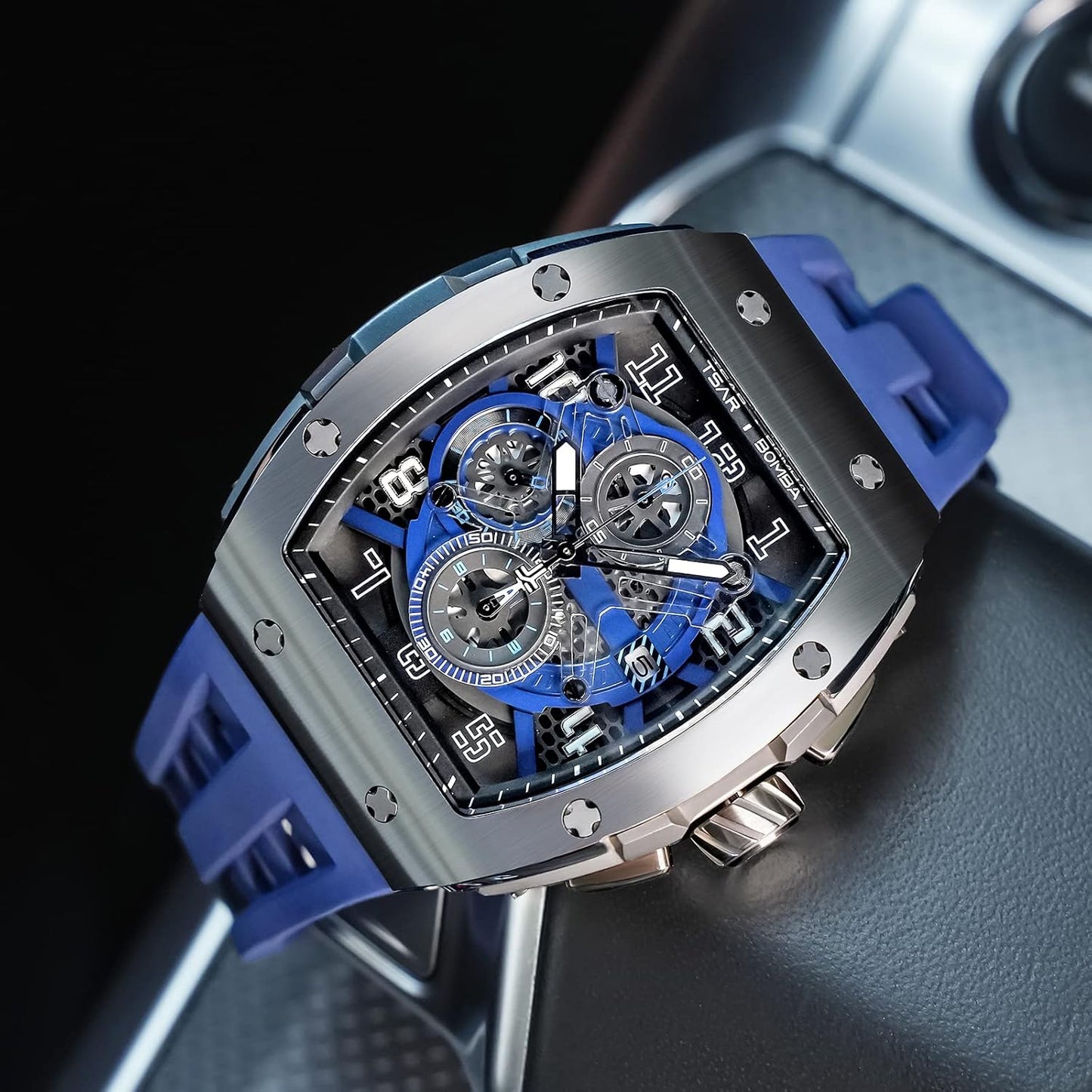 TSAR BOMBA Mens Watches Luxury Tonneau Watches for Men Waterproof 50M Analog Watch Chronograph Calendar Date Men’s Dress Business Work Watch Diver Large Square Face Wristwatch