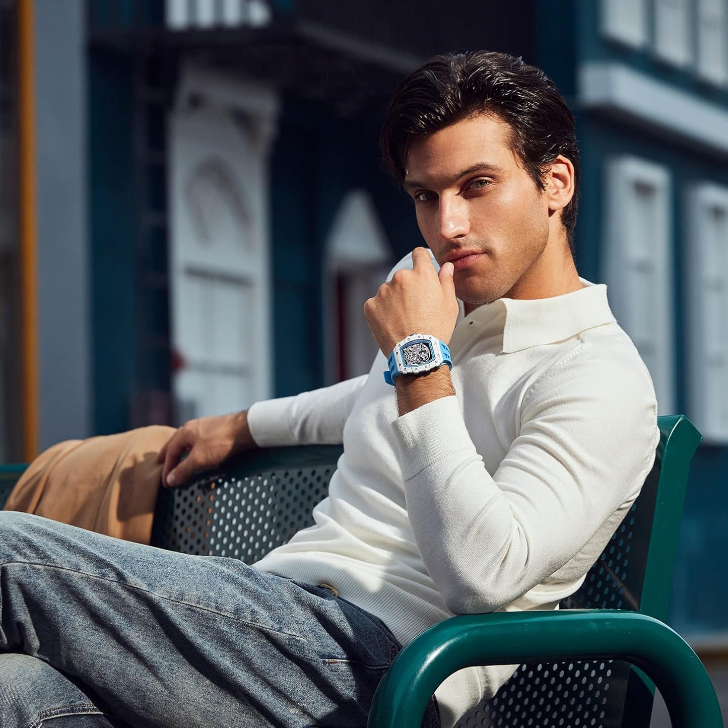 TSAR BOMBA Men's Automatic Watch Tonneau Luxury Skeleton Watches for Men Mechanical 50M Waterproof Analogue Watches Mens Unique Cool Silver Square Big Face Dial Wristwatch with Silicone Strap Band