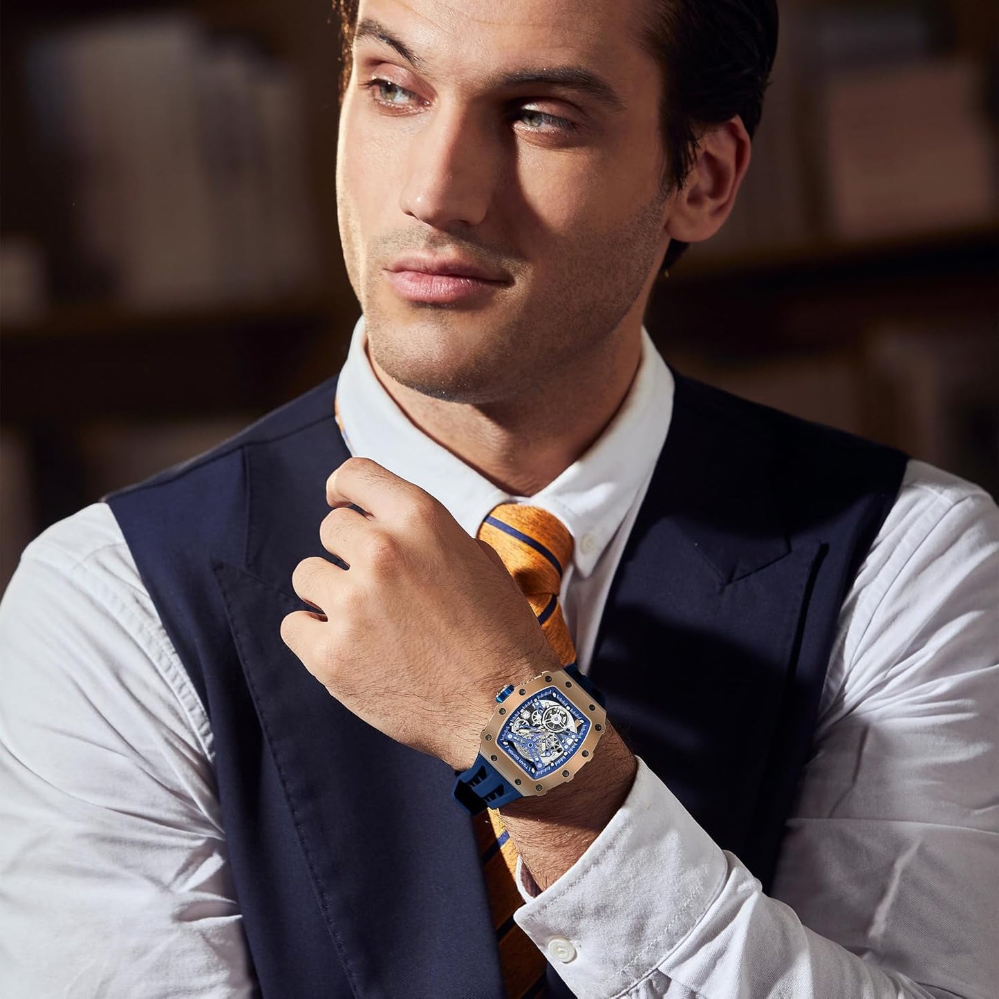 TSAR BOMBA Men's Automatic Watch Tonneau Luxury Skeleton Watches for Men Mechanical 50M Waterproof Analogue Watches Mens Unique Cool Silver Square Big Face Dial Wristwatch with Silicone Strap Band