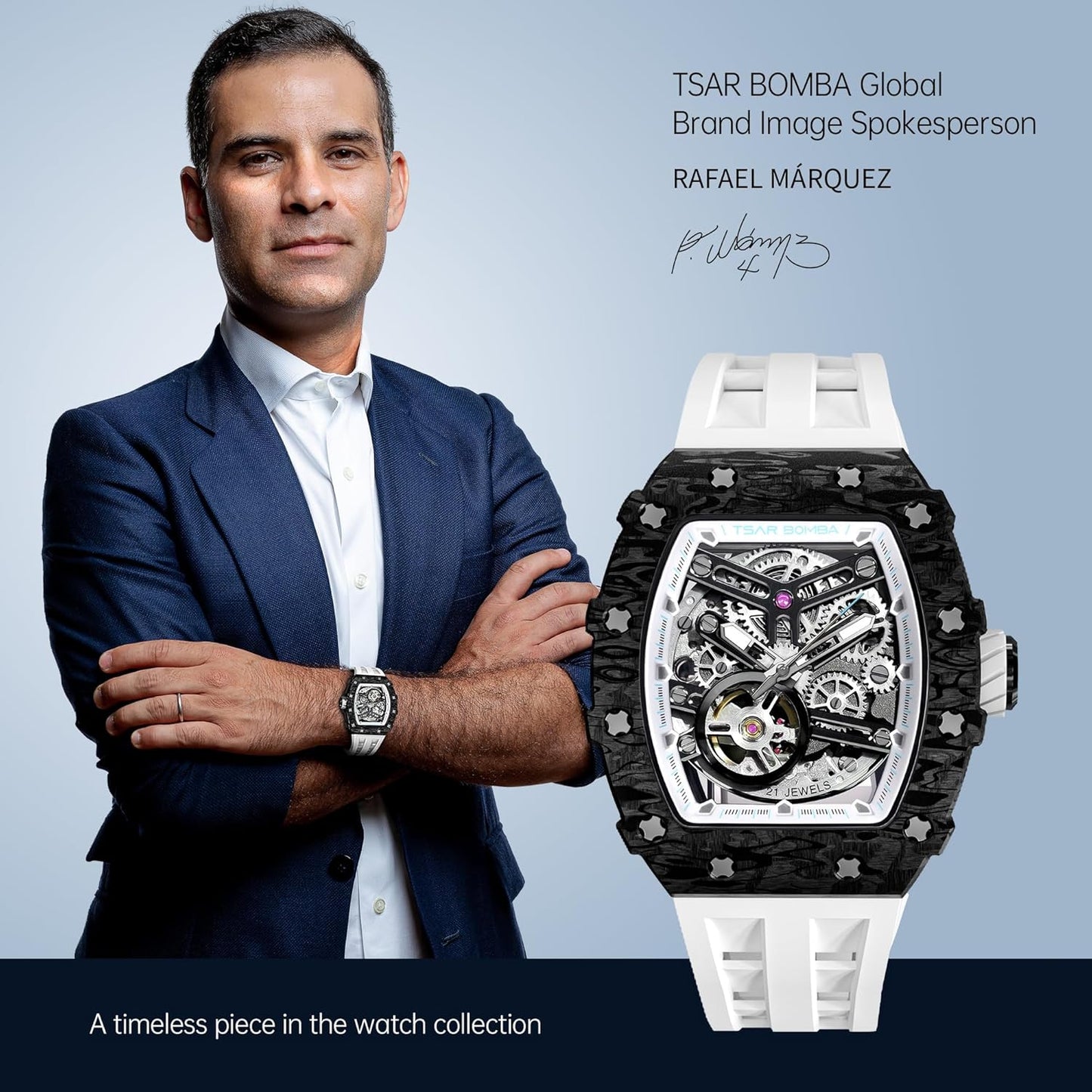 TSAR BOMBA Men's Automatic Watch Tonneau Luxury Skeleton Watches for Men Mechanical 50M Waterproof Analogue Watches Mens Unique Cool Silver Square Big Face Dial Wristwatch with Silicone Strap Band