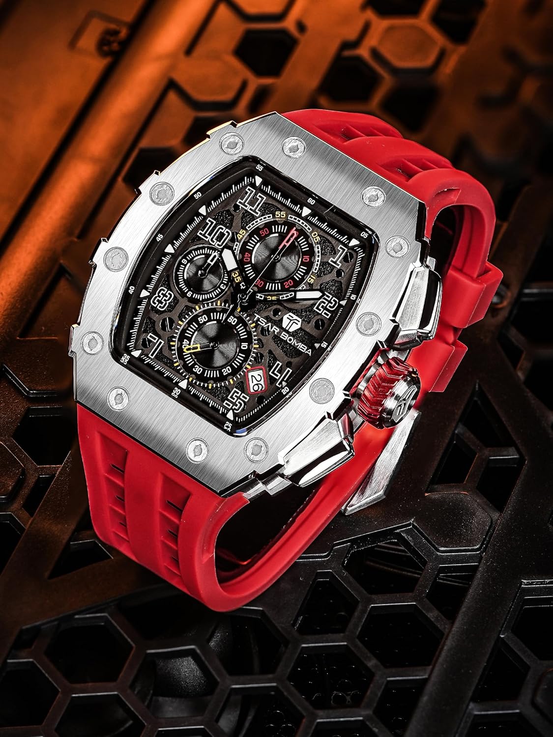 TSAR BOMBA Mens Watches Luxury Tonneau Watches for Men Waterproof 50M Analog Watch Chronograph Calendar Date Men’s Dress Business Work Watch Diver Large Square Face Wristwatch