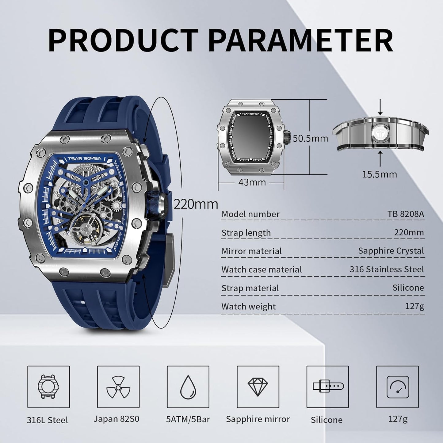 TSAR BOMBA Men's Automatic Watch Tonneau Luxury Skeleton Watches for Men Mechanical 50M Waterproof Analogue Watches Mens Unique Cool Silver Square Big Face Dial Wristwatch with Silicone Strap Band