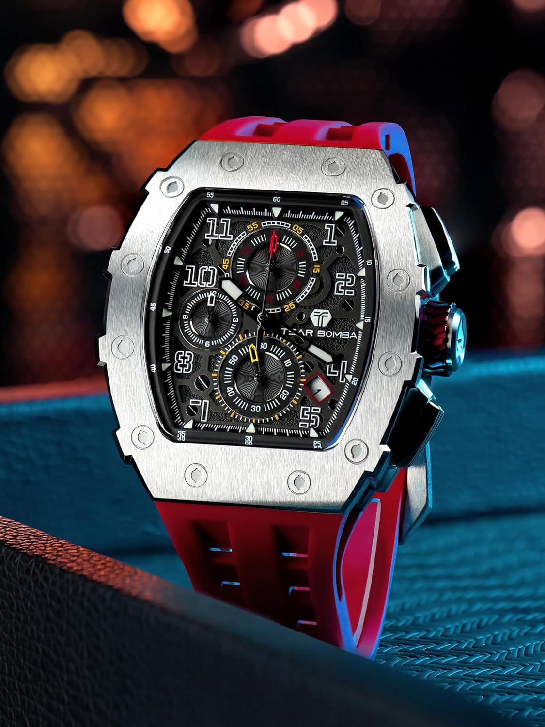 TSAR BOMBA Mens Watches Luxury Tonneau Watches for Men Waterproof 50M Analog Watch Chronograph Calendar Date Men’s Dress Business Work Watch Diver Large Square Face Wristwatch