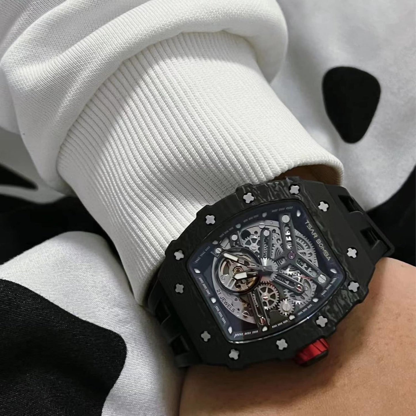 TSAR BOMBA Men's Automatic Watch Tonneau Luxury Skeleton Watches for Men Mechanical 50M Waterproof Analogue Watches Mens Unique Cool Silver Square Big Face Dial Wristwatch with Silicone Strap Band