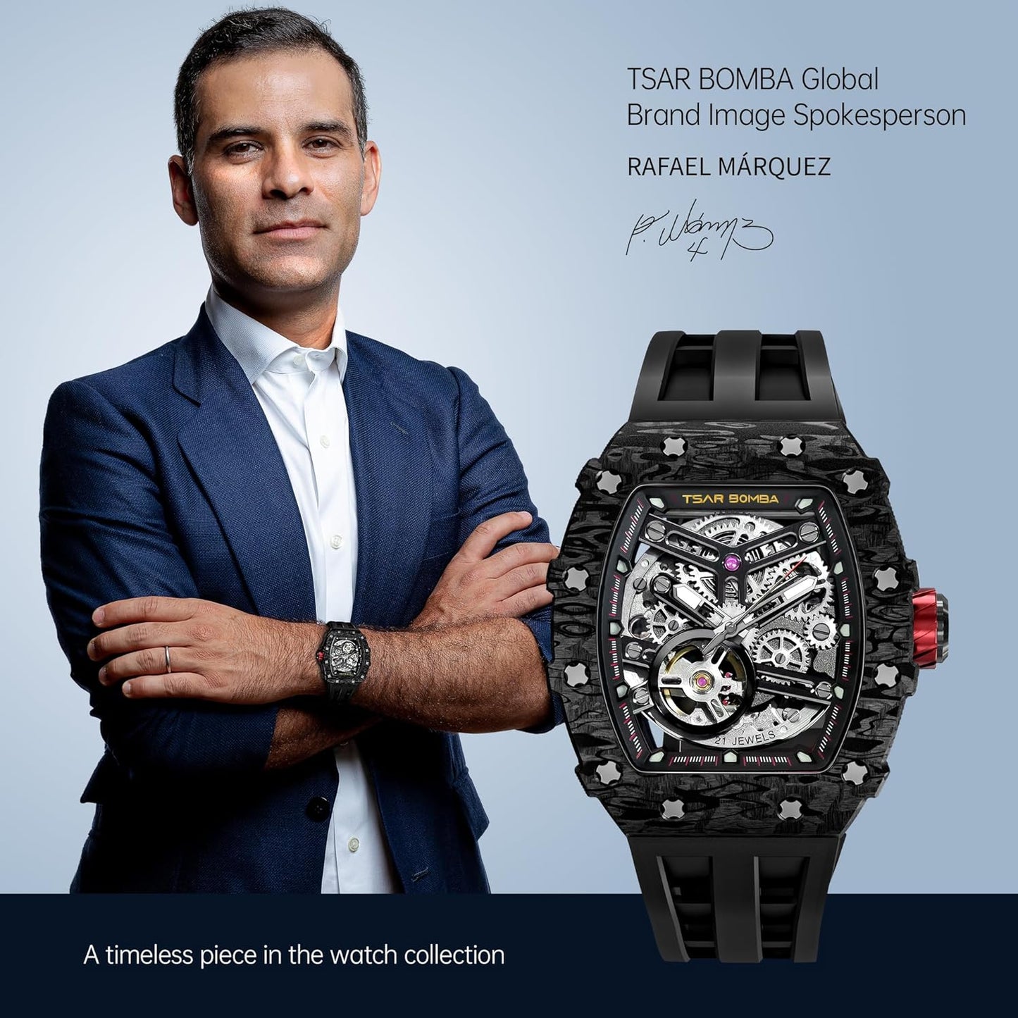 TSAR BOMBA Men's Automatic Watch Tonneau Luxury Skeleton Watches for Men Mechanical 50M Waterproof Analogue Watches Mens Unique Cool Silver Square Big Face Dial Wristwatch with Silicone Strap Band