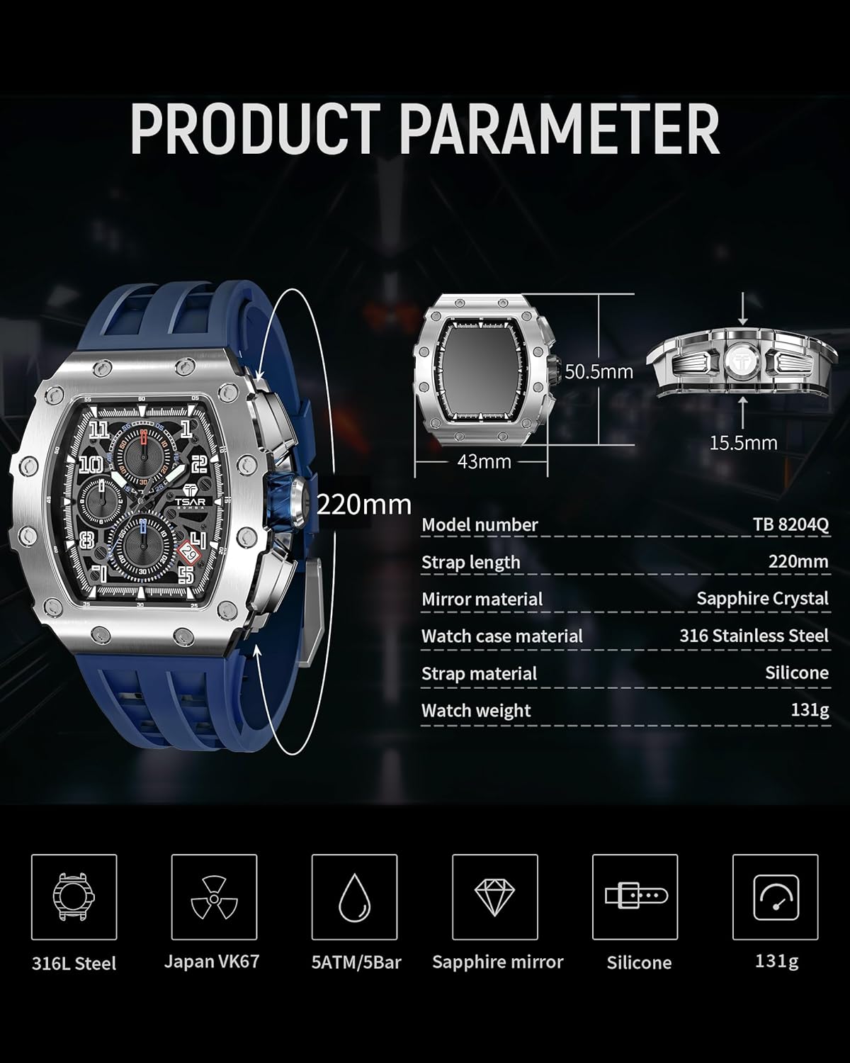 TSAR BOMBA Mens Watches Luxury Tonneau Watches for Men Waterproof 50M Analog Watch Chronograph Calendar Date Men’s Dress Business Work Watch Diver Large Square Face Wristwatch