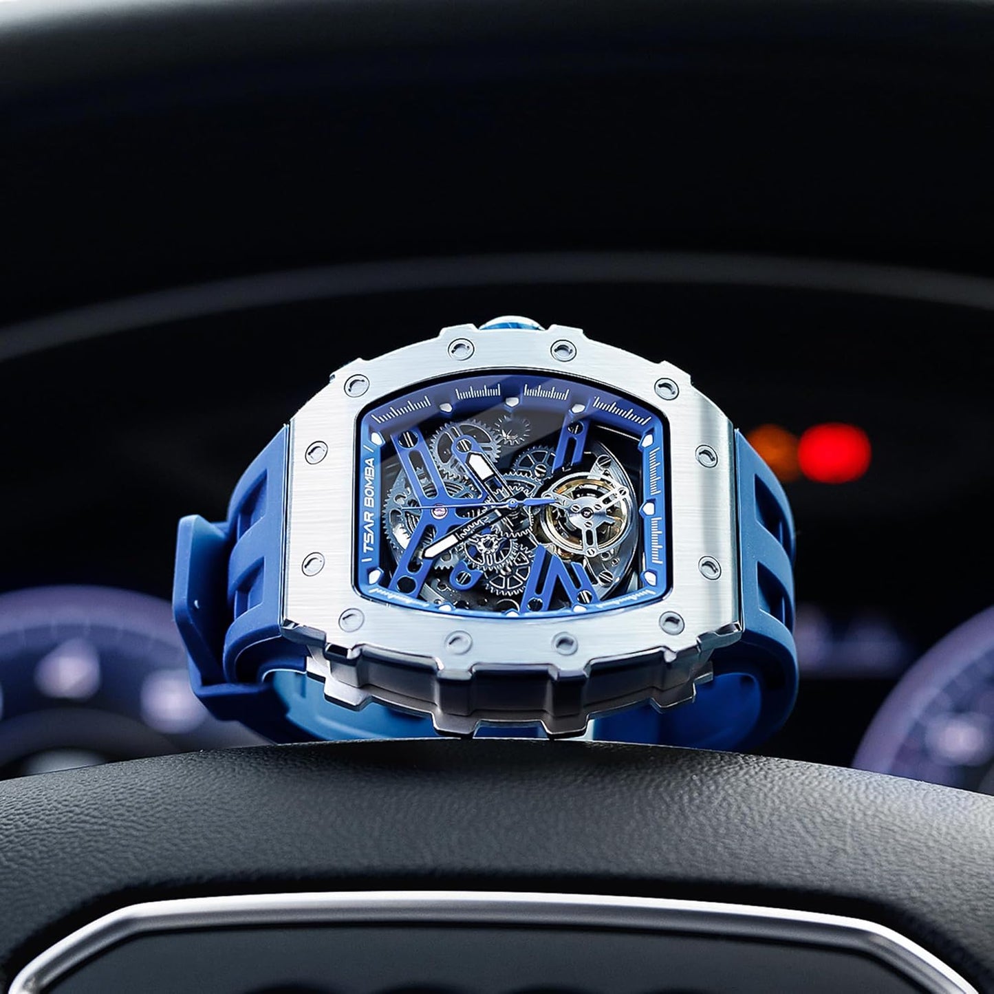 TSAR BOMBA Men's Automatic Watch Tonneau Luxury Skeleton Watches for Men Mechanical 50M Waterproof Analogue Watches Mens Unique Cool Silver Square Big Face Dial Wristwatch with Silicone Strap Band