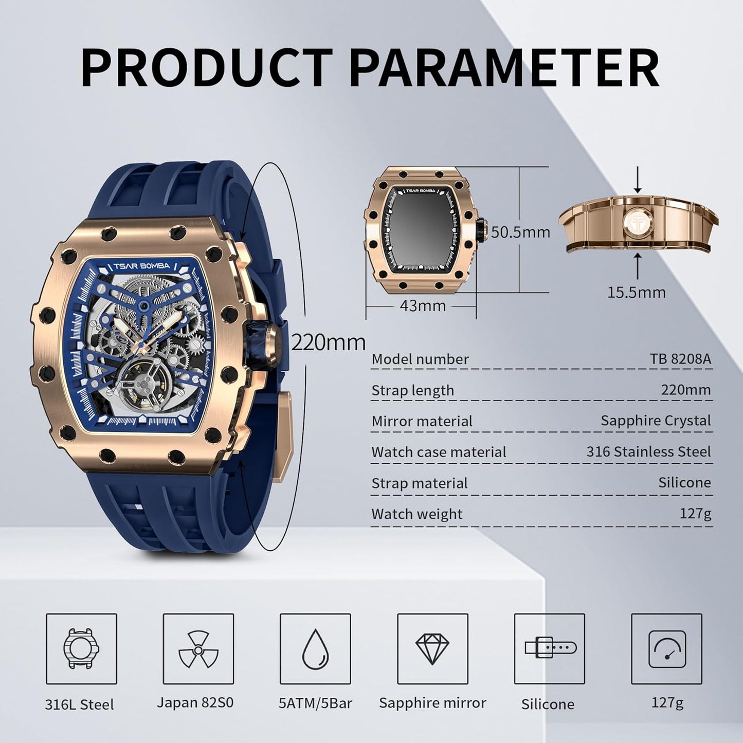 TSAR BOMBA Men's Automatic Watch Tonneau Luxury Skeleton Watches for Men Mechanical 50M Waterproof Analogue Watches Mens Unique Cool Silver Square Big Face Dial Wristwatch with Silicone Strap Band