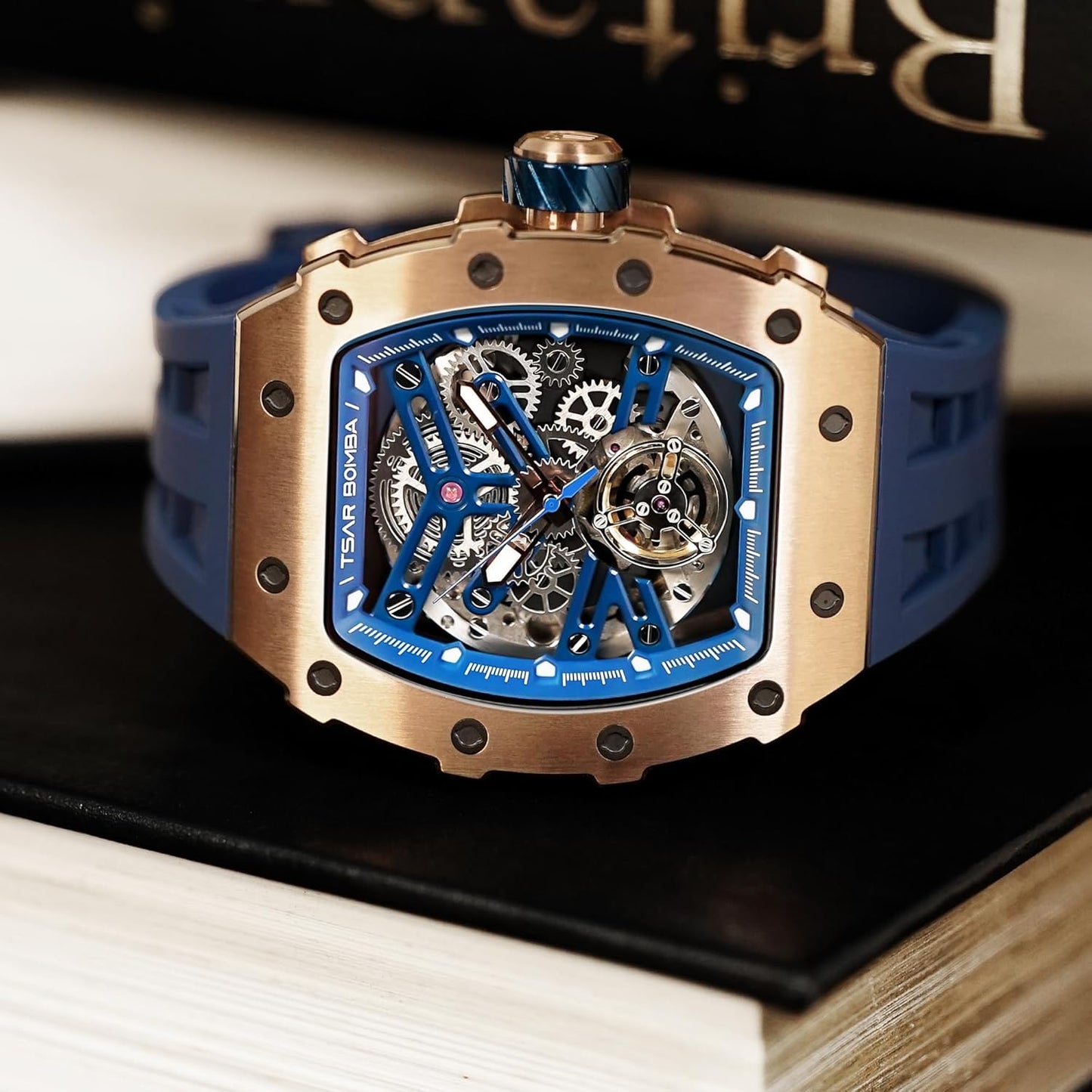 TSAR BOMBA Men's Automatic Watch Tonneau Luxury Skeleton Watches for Men Mechanical 50M Waterproof Analogue Watches Mens Unique Cool Silver Square Big Face Dial Wristwatch with Silicone Strap Band