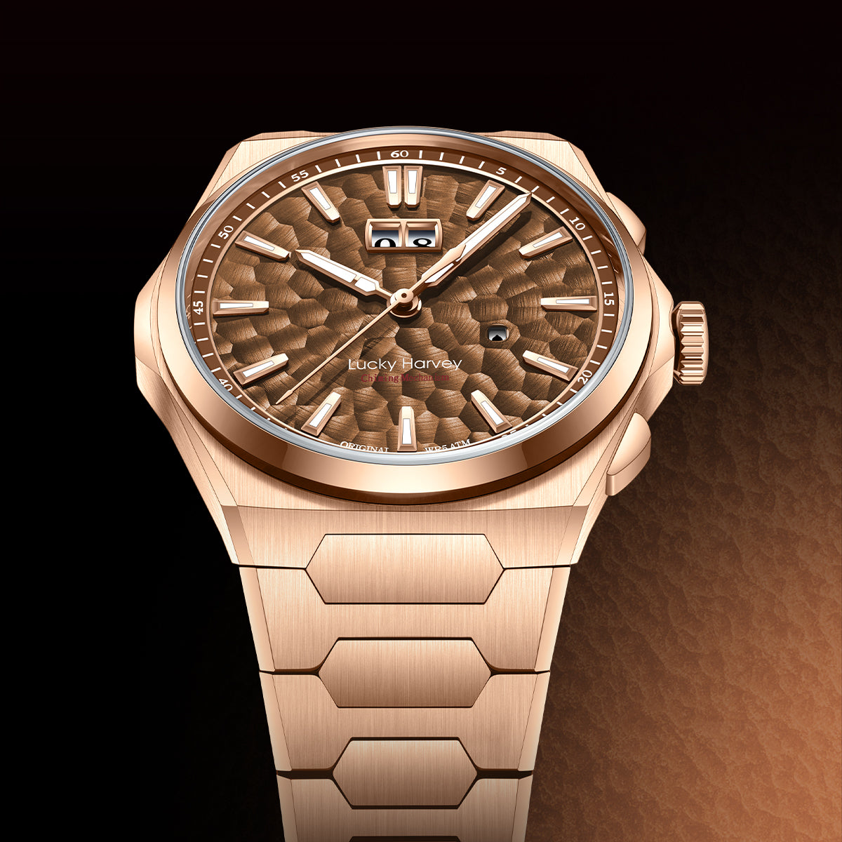 【Limited Edition 300pcs】Hammer Dial Big Date Automatic Winding Gold Brown Chiming Watch Lucky Harvey