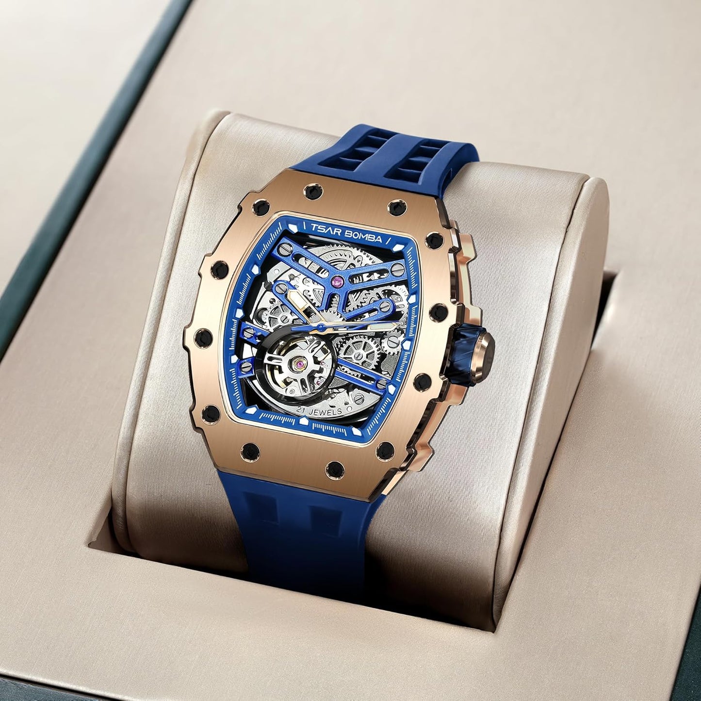 TSAR BOMBA Men's Automatic Watch Tonneau Luxury Skeleton Watches for Men Mechanical 50M Waterproof Analogue Watches Mens Unique Cool Silver Square Big Face Dial Wristwatch with Silicone Strap Band