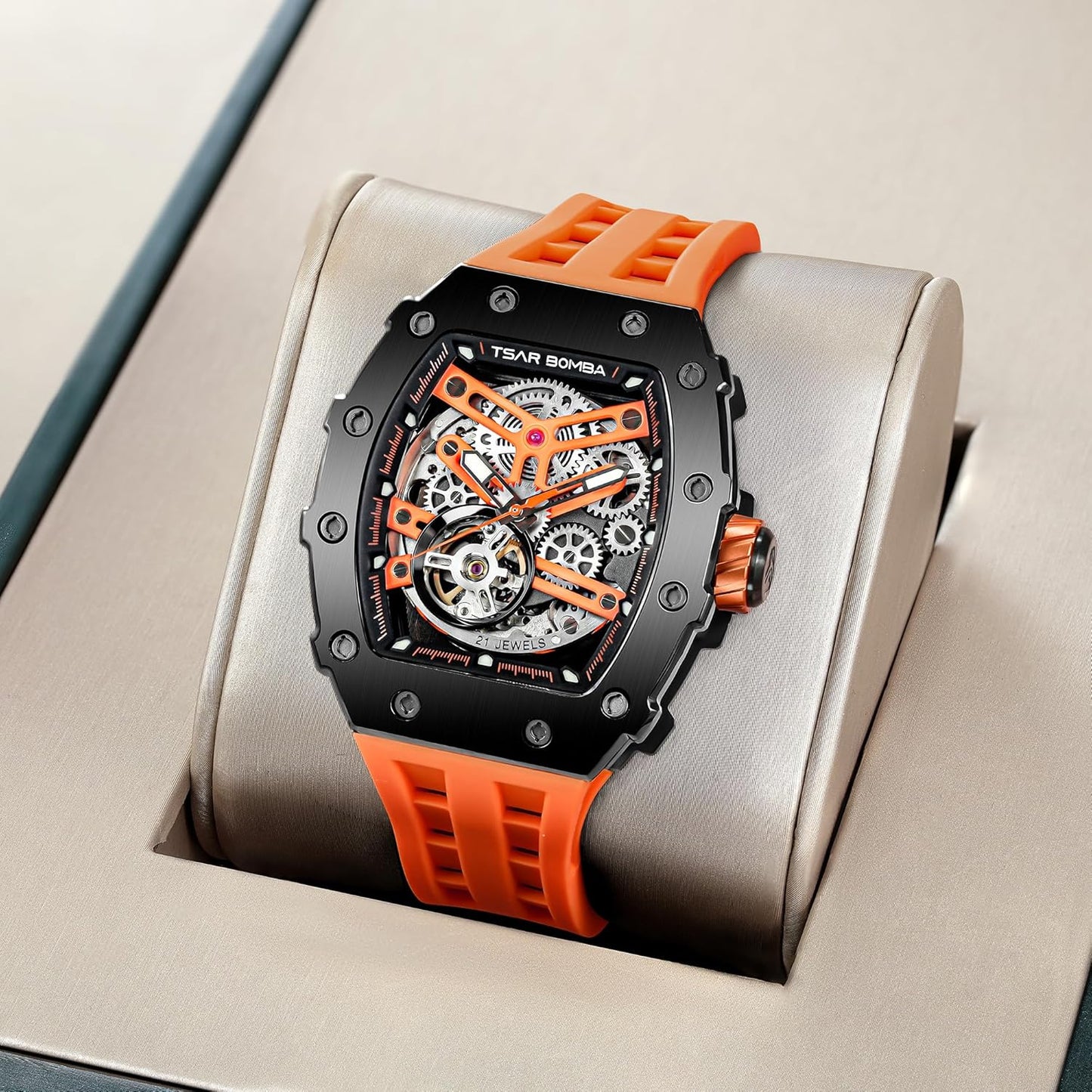 TSAR BOMBA Men's Automatic Watch Tonneau Luxury Skeleton Watches for Men Mechanical 50M Waterproof Analogue Watches Mens Unique Cool Silver Square Big Face Dial Wristwatch with Silicone Strap Band