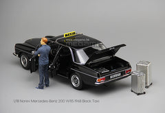1/18 Norev Mercedes-Benz 200 W115 1968 Black Frankfurt Taxi Diecast Full Open + Figure + Luggages