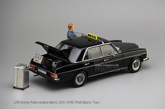 1/18 Norev Mercedes-Benz 200 W115 1968 Black Frankfurt Taxi Diecast Full Open + Figure + Luggages