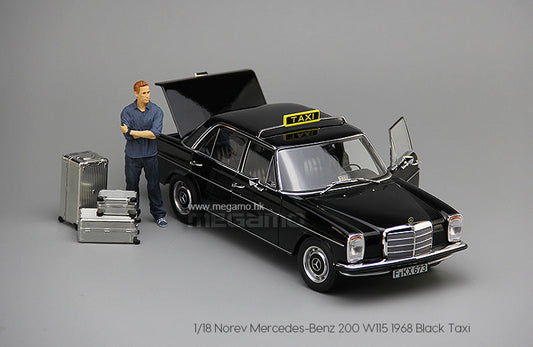 1/18 Norev Mercedes-Benz 200 W115 1968 Black Frankfurt Taxi Diecast Full Open + Figure + Luggages