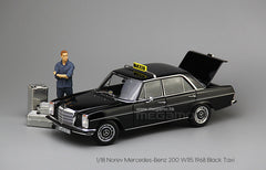 1/18 Norev Mercedes-Benz 200 W115 1968 Black Frankfurt Taxi Diecast Full Open + Figure + Luggages