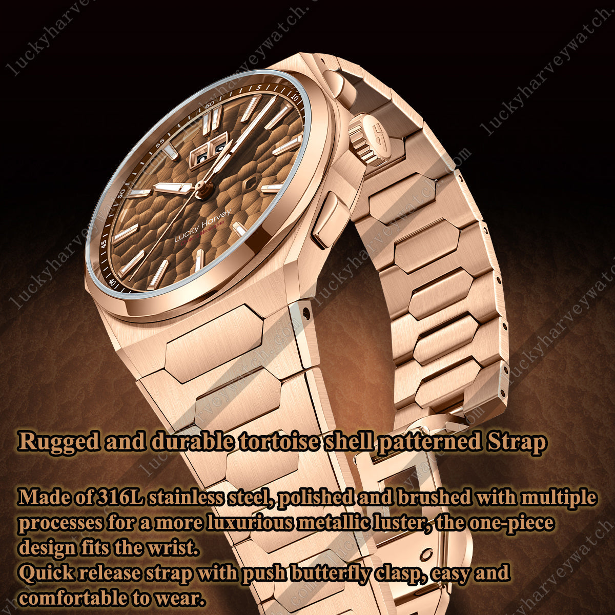 【Limited Edition 300pcs】Hammer Dial Big Date Automatic Winding Gold Brown Chiming Watch Lucky Harvey