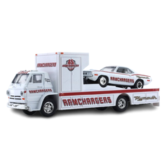 1966 Dodge L600 COE “RAMCHARGERS”  & 1971 Plymouth HEMI CUDA 1:64 M2 Machines diecast hauler scale model