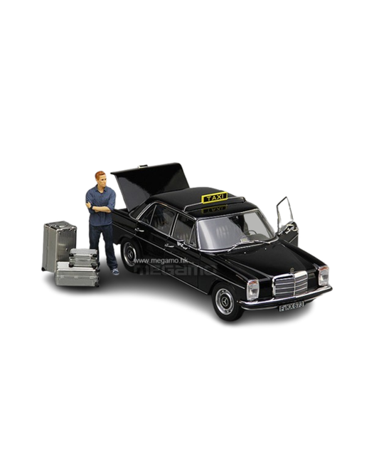 1/18 Norev Mercedes-Benz 200 W115 1968 Black Frankfurt Taxi Diecast Full Open + Figure + Luggages