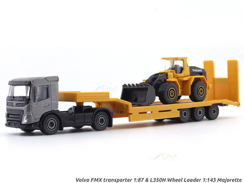 Volvo FMX transporter 1:87 & L350H Wheel Loader 1:143 Majorette scale model truck