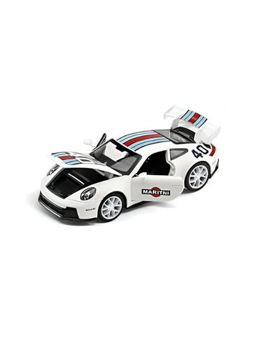 White - Porsche 911 GT3 RS Martini – Supercar Toy with Pull Back Action for Kids & Collectors F21008 Scale 1:32 - Acrylic Transparent Box.
