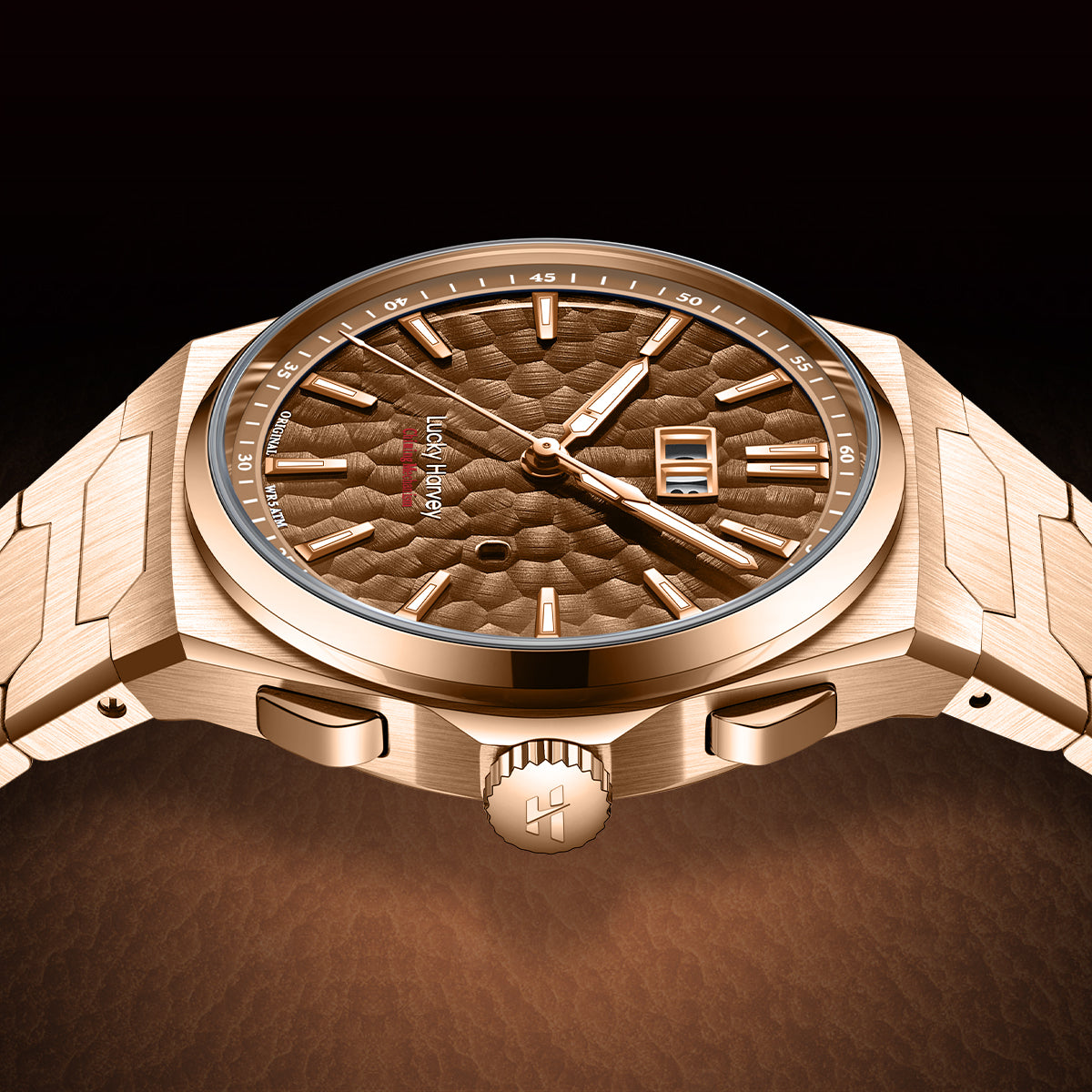 【Limited Edition 300pcs】Hammer Dial Big Date Automatic Winding Gold Brown Chiming Watch Lucky Harvey