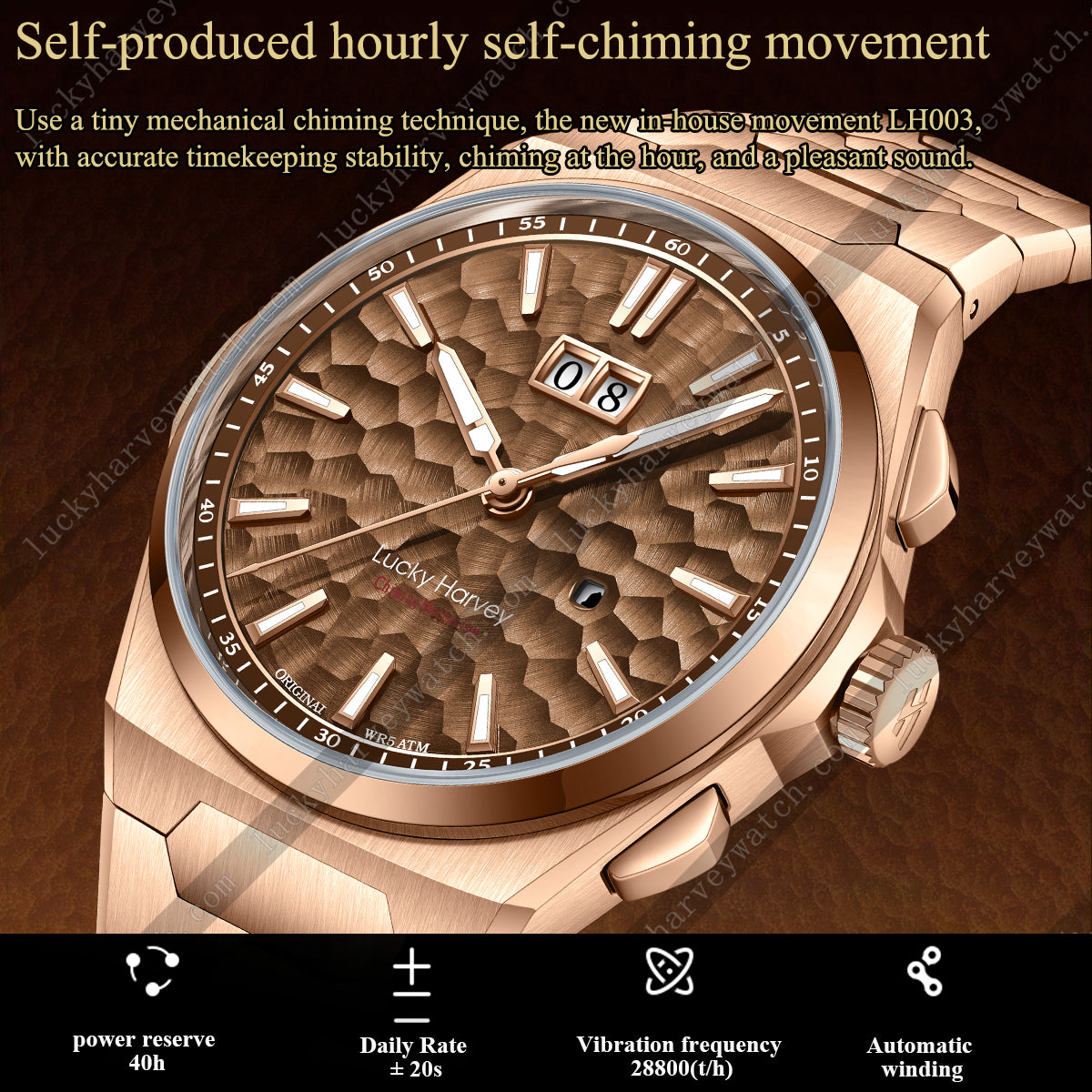 【Limited Edition 300pcs】Hammer Dial Big Date Automatic Winding Gold Brown Chiming Watch Lucky Harvey